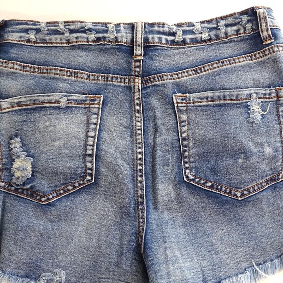 Distressed Denim High-Waist Shorts Women Size L Raw Hem Button Fly Ripped - Picture 4 of 10